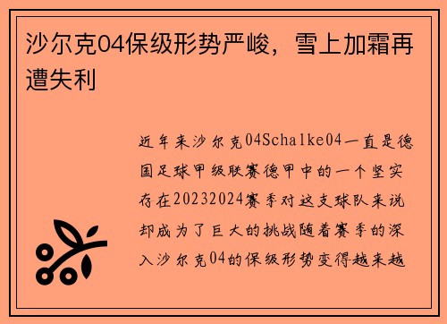 沙尔克04保级形势严峻，雪上加霜再遭失利