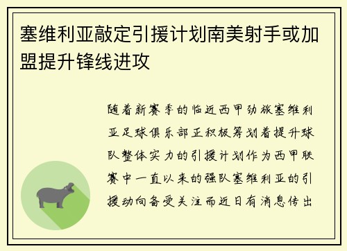 塞维利亚敲定引援计划南美射手或加盟提升锋线进攻