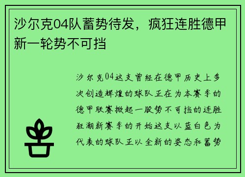沙尔克04队蓄势待发，疯狂连胜德甲新一轮势不可挡